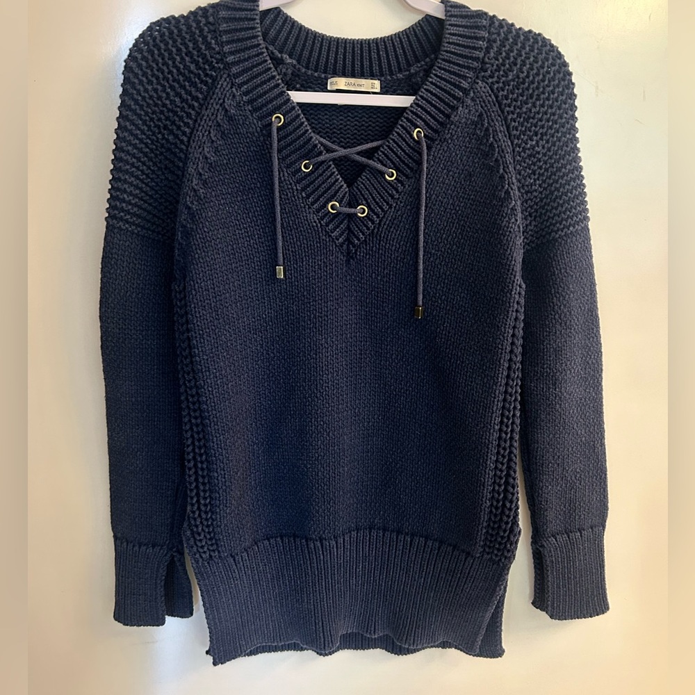 ZARA Knit Navy Blue Sweater Italian Yarn Lace up cable knit Small